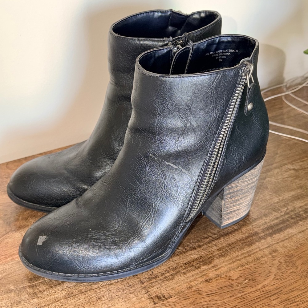 Black Side Zip Ankle‎ Boots Womens 8 Stacked Heel Casual Booties Boho Chic Indie